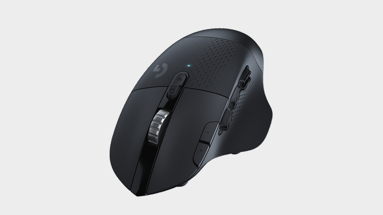 Image of the Logitech G604 Lightspeed front view on grey.