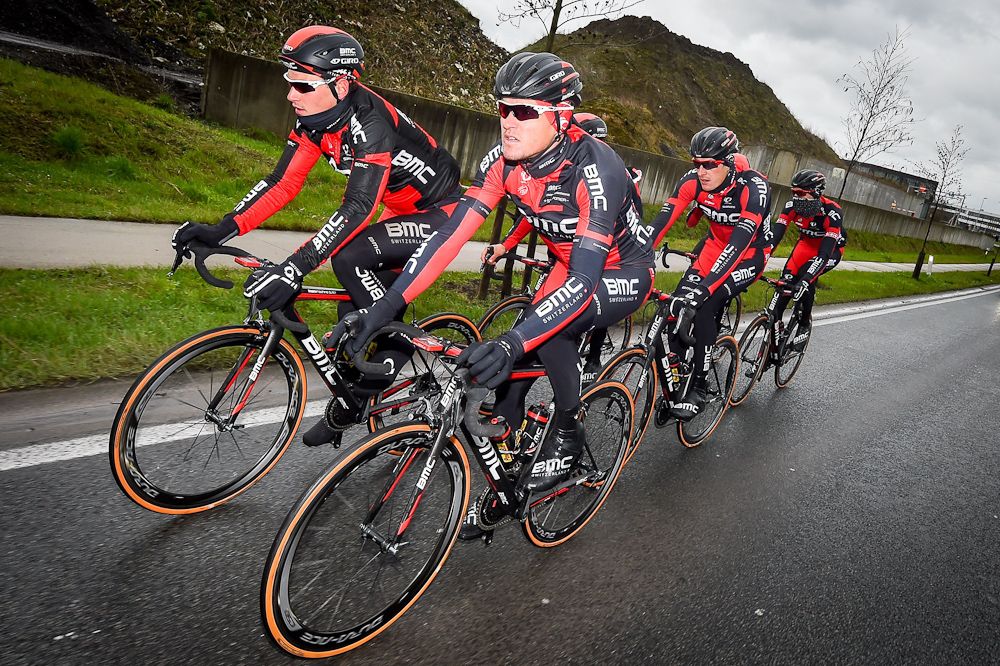 Greg Van Avermaet, Silvan Dillier and Marcus Burghardt in action during the reconnaissance of the course prior to Sunday's Tour of Flanders.