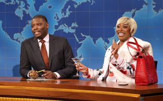 When does SNL come back? Pictured: SATURDAY NIGHT LIVE -- “Kate McKinnon, Billie Eilish” Episode 1852 -- Pictured: (l-r) Anchor Michael Che and Ego Nwodim as Rich Auntie with No Kids during Weekend Update on Saturday, December 16, 2023