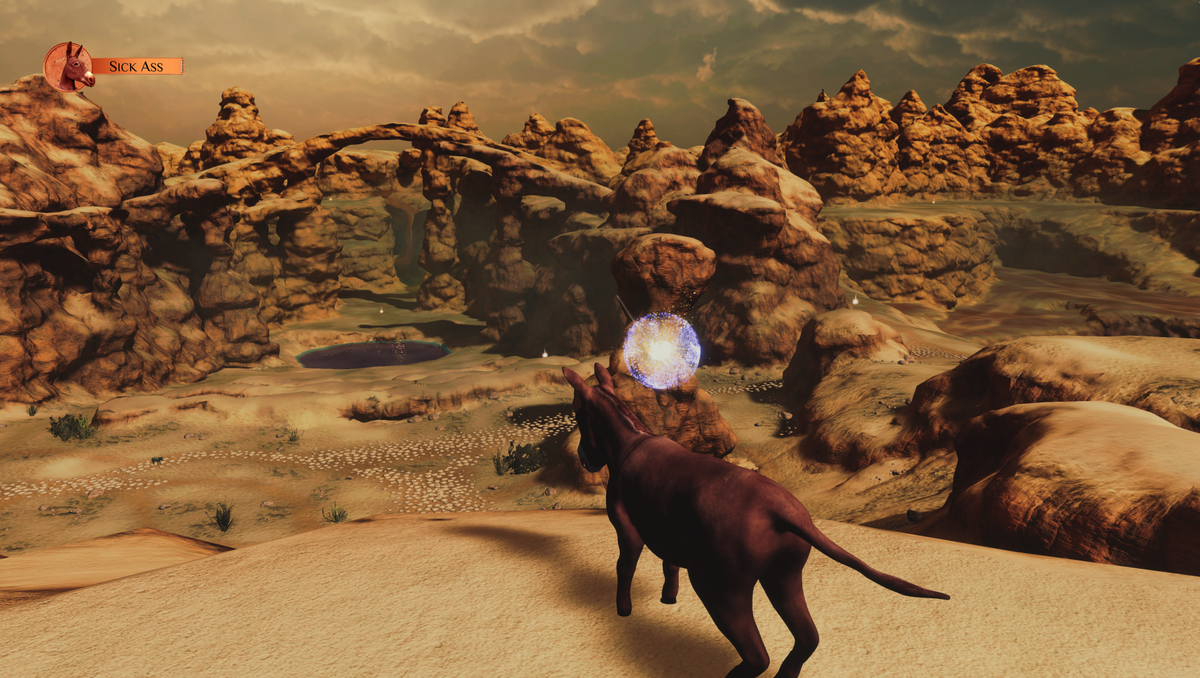 Assess.masses game art; screens of a video game featuring a donkey in an dusty open world