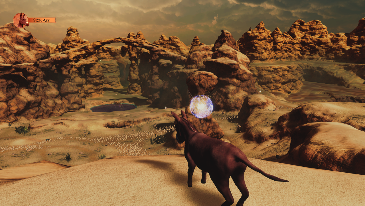 Assess.masses game art; screens of a video game featuring a donkey in an dusty open world
