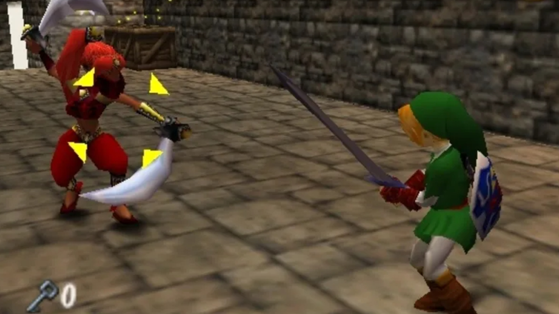 Link facing off against a Gerudo with two swords in The Legend of Zelda: Ocarina of Time Master Quest