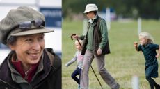 A comp image of Princess Anne (L) smiling and (R) walking through Gatcombe Park with her granddaughters Isla Phillips and Savannah Phillips