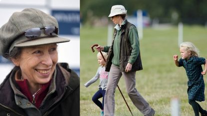A comp image of Princess Anne (L) smiling and (R) walking through Gatcombe Park with her granddaughters Isla Phillips and Savannah Phillips
