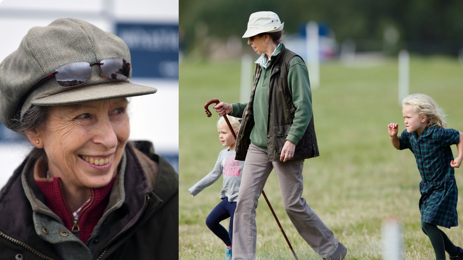 A comp image of Princess Anne (L) smiling and (R) walking through Gatcombe Park with her granddaughters Isla Phillips and Savannah Phillips
