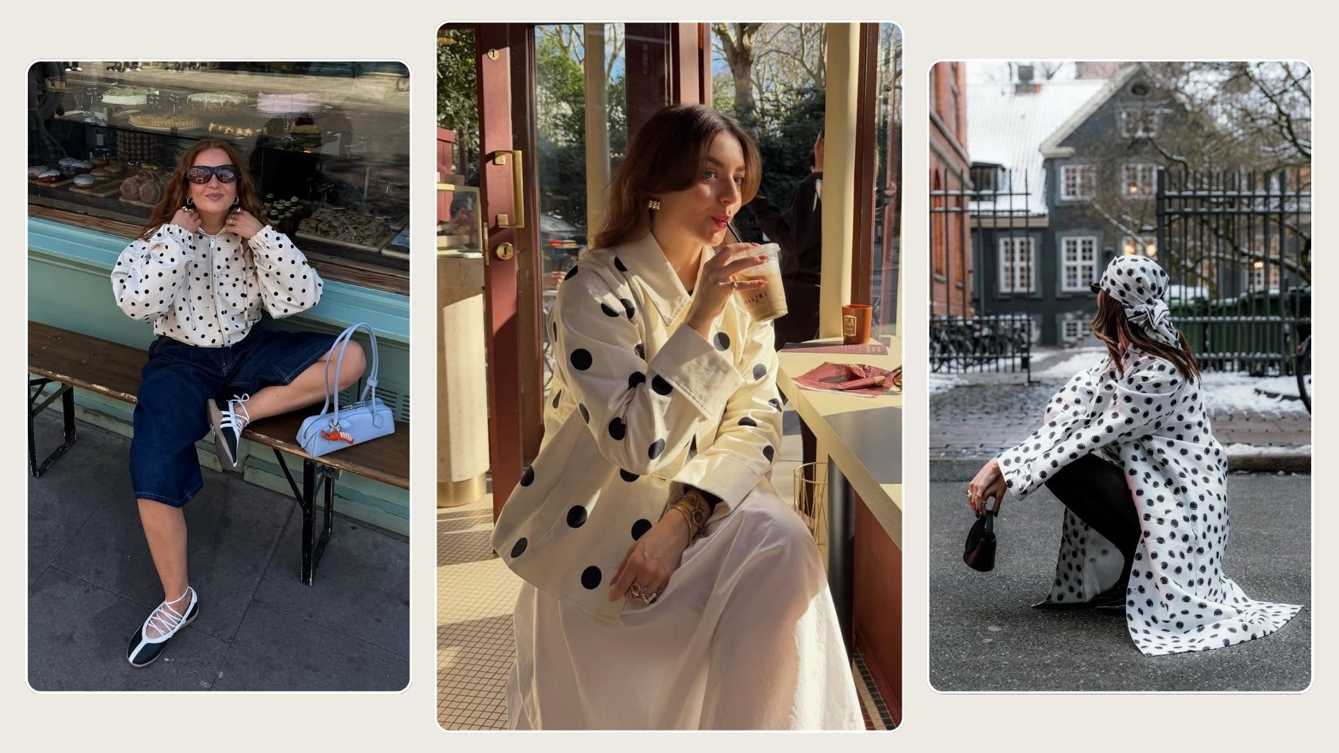 Woman wears polka dot technical jacket, denim shorts; woman wears polka dot jacket, white skirt; woman wears long polka dot trench and tights