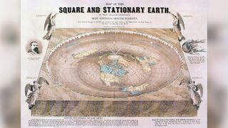 Prism-shaped brown map of Earth as flat with angels at the corners.