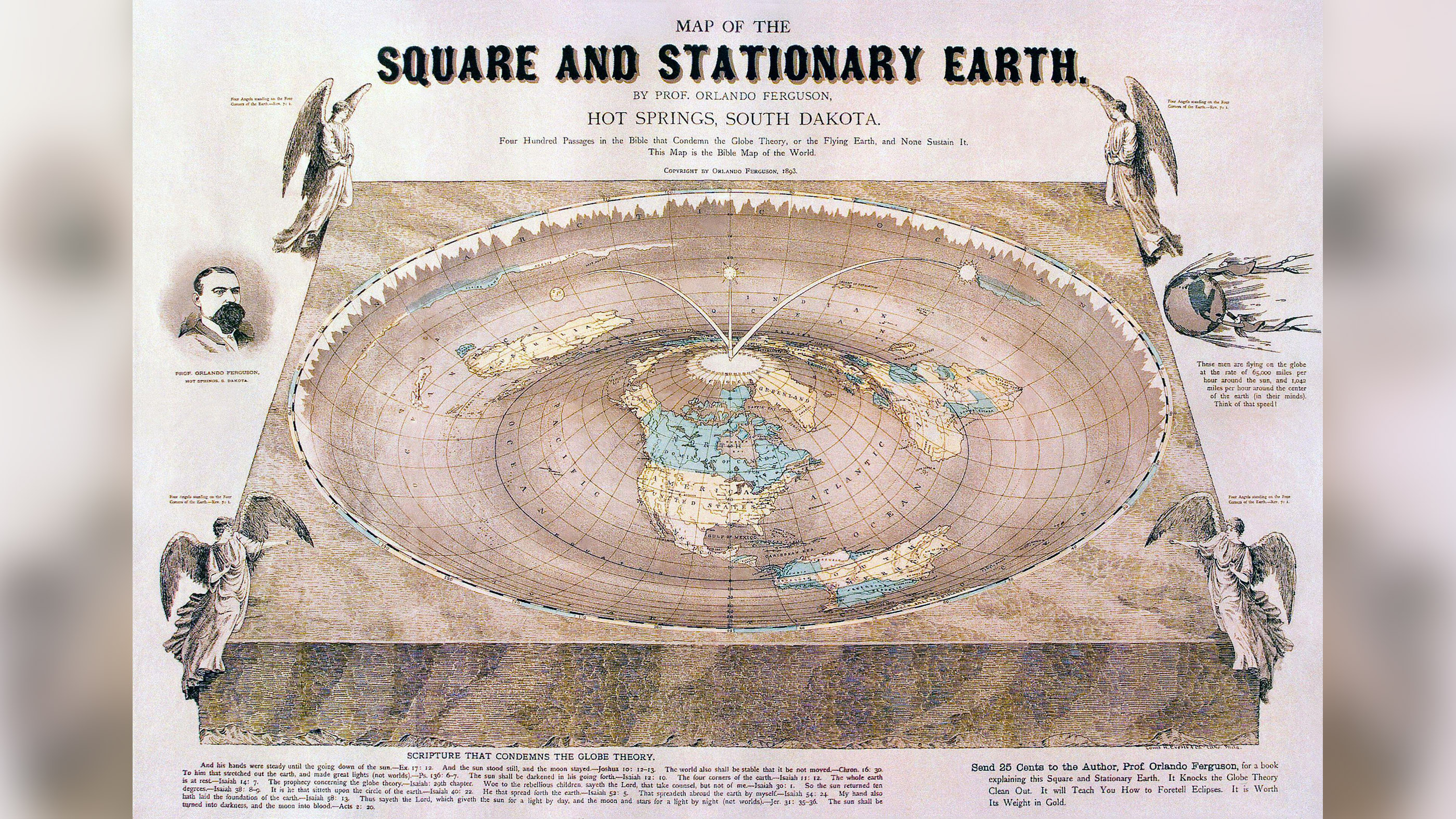 This flat Earth map drawn by Orlando Ferguson in 1893 is also considered the Bible Map of the World.
