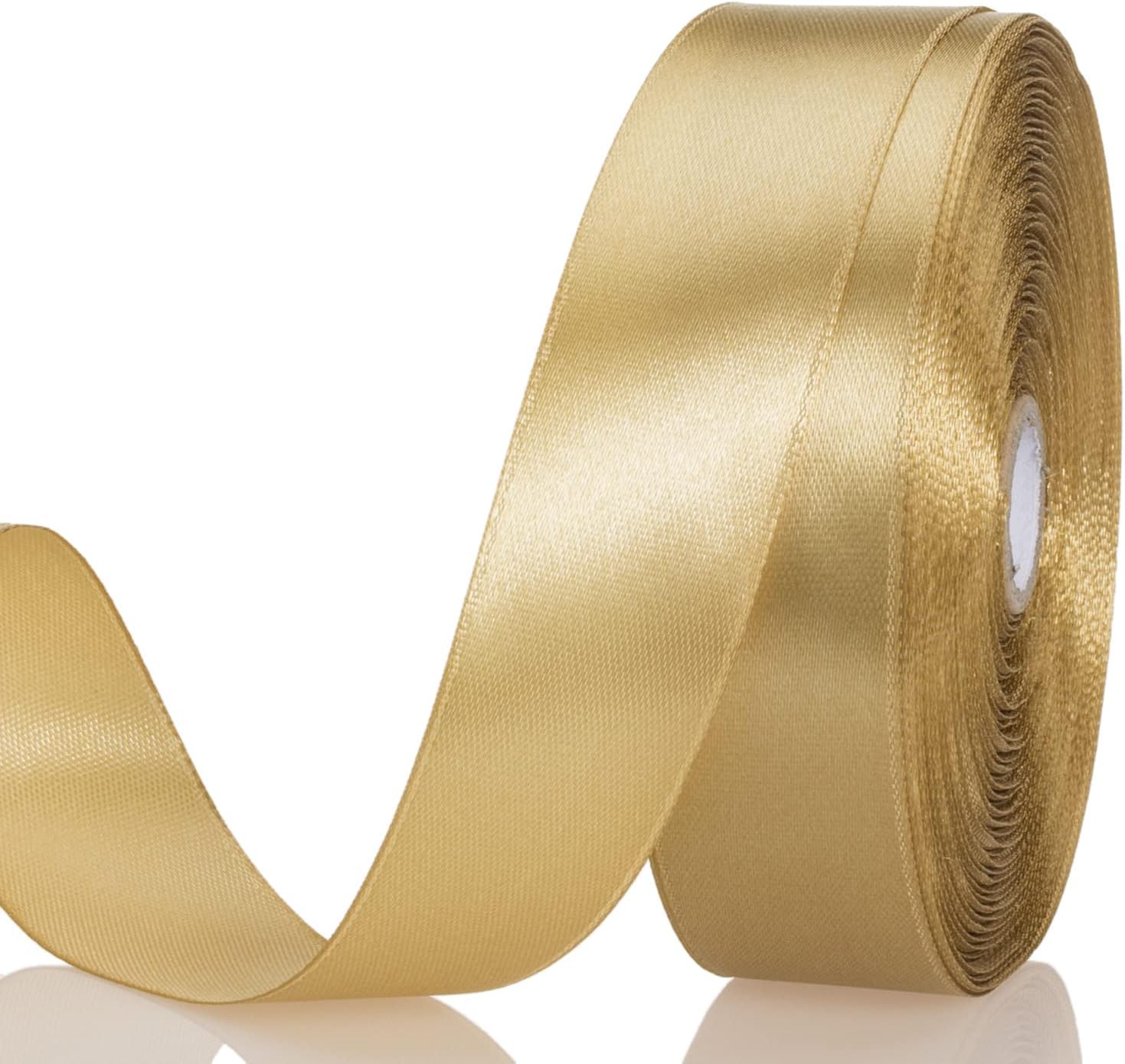Yaseo 1 Inch Champaign Gold Solid Satin Ribbon, 50 Yards Craft Fabric Ribbon for Gift Wrapping Floral Bouquets Wedding Party Decoration