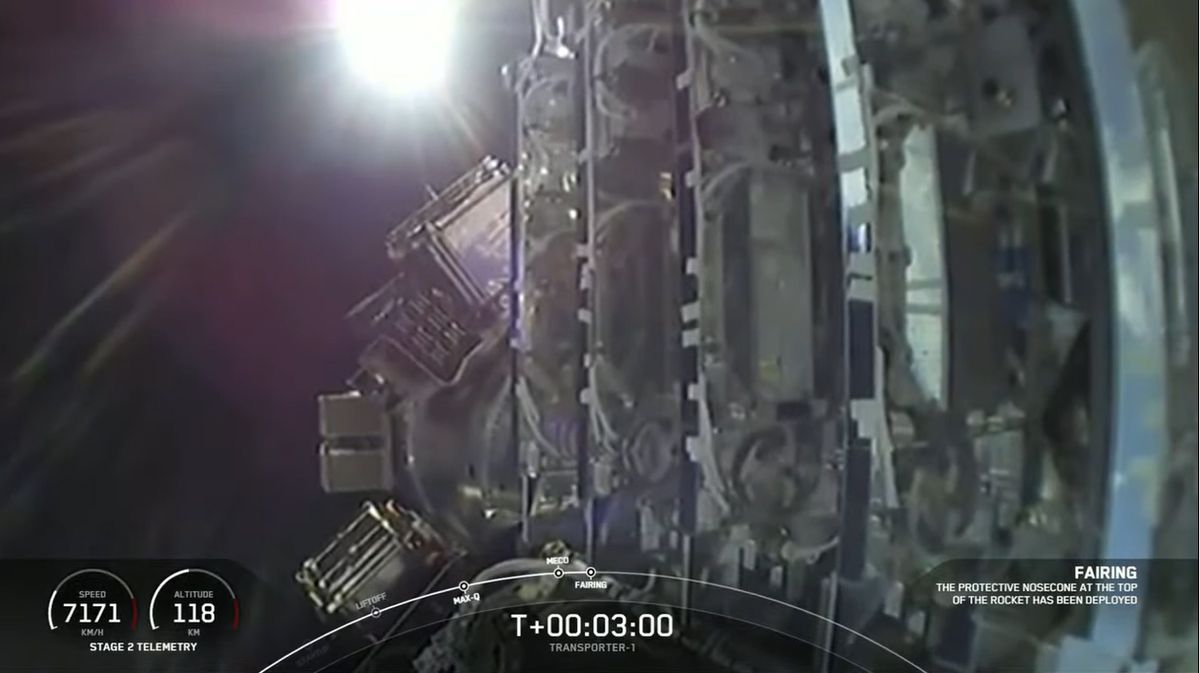 A view of SpaceX's 143-satellite stack in orbit during the Transporter-1 rideshare mission launch on Jan. 24, 2021.