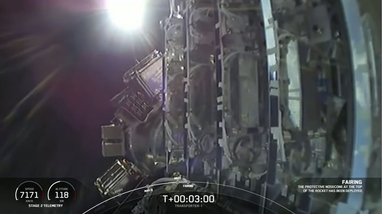 A view of SpaceX's 143-satellite stack in orbit during the Transporter-1 rideshare mission launch on Jan. 24, 2021.