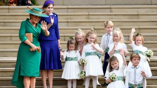 Princess Beatrice Princess Charlotte - Sarah Ferguson and Princess Beatrice, the bridesmaids and page boys, including Prince George and Princess Charlotte, wave as they leave after the royal wedding of Princess Eugenie of York of York and her husband Jack Brooksbank at St George's Chapel in Windsor Castle on October 12, 2018 in Windsor, England.