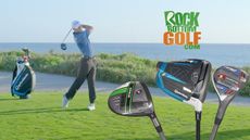 A man playing golf on a course by the sea using Rock Bottom Golf clubs.