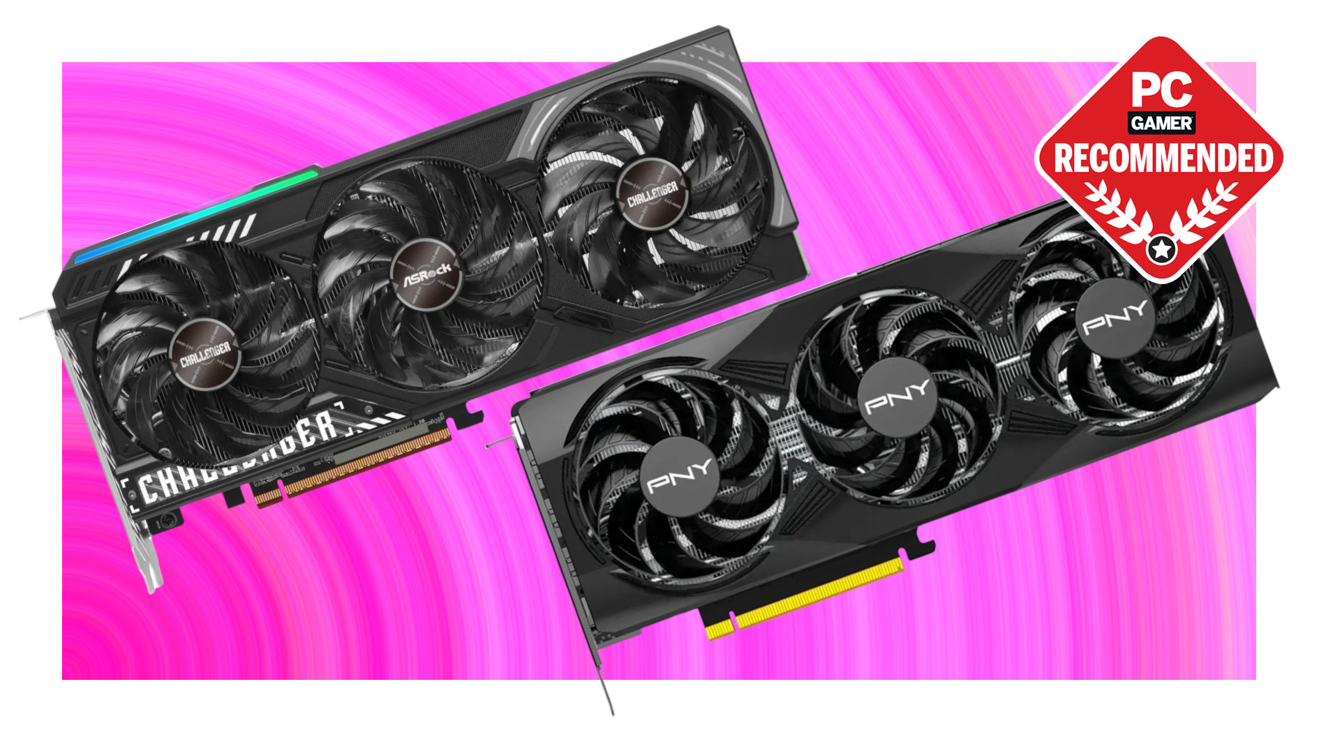 A pair of ASRock and PNY graphics cards against a multi-colored pink background, with a white border and a PC Gamer Recommended logo.