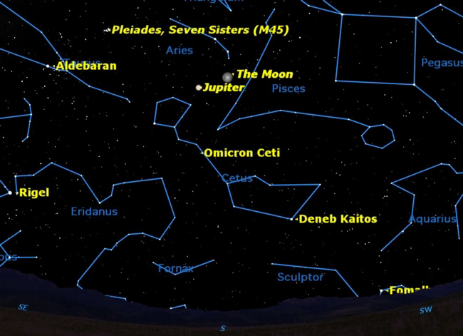 The moon is just a day past full tonight (Oct. 12), and still looks full to the naked eye. Jupiter is just to its left tonight. Tomorrow night the moon will have moved to the left of Jupiter and in a few nights will be gone from the evening sky. 