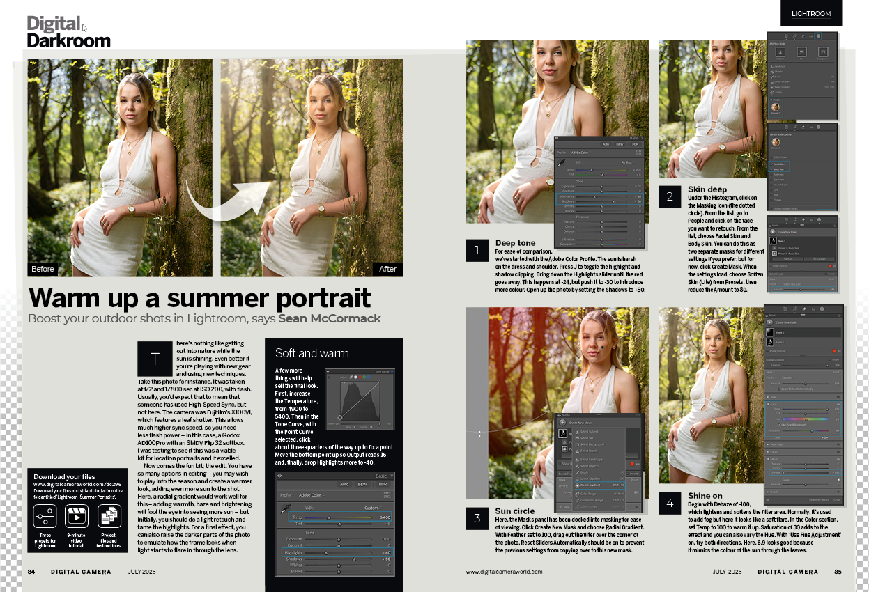 Image showing the Fundamentals tutorial in issue 296 (July 2025) of Digital Camera magazine, explaining how to warm up outdoor summer portraits with Adobe Lightroom