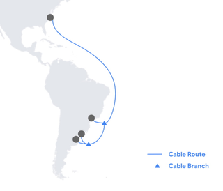 A simple map of North and South America showing the Firmina cable's route