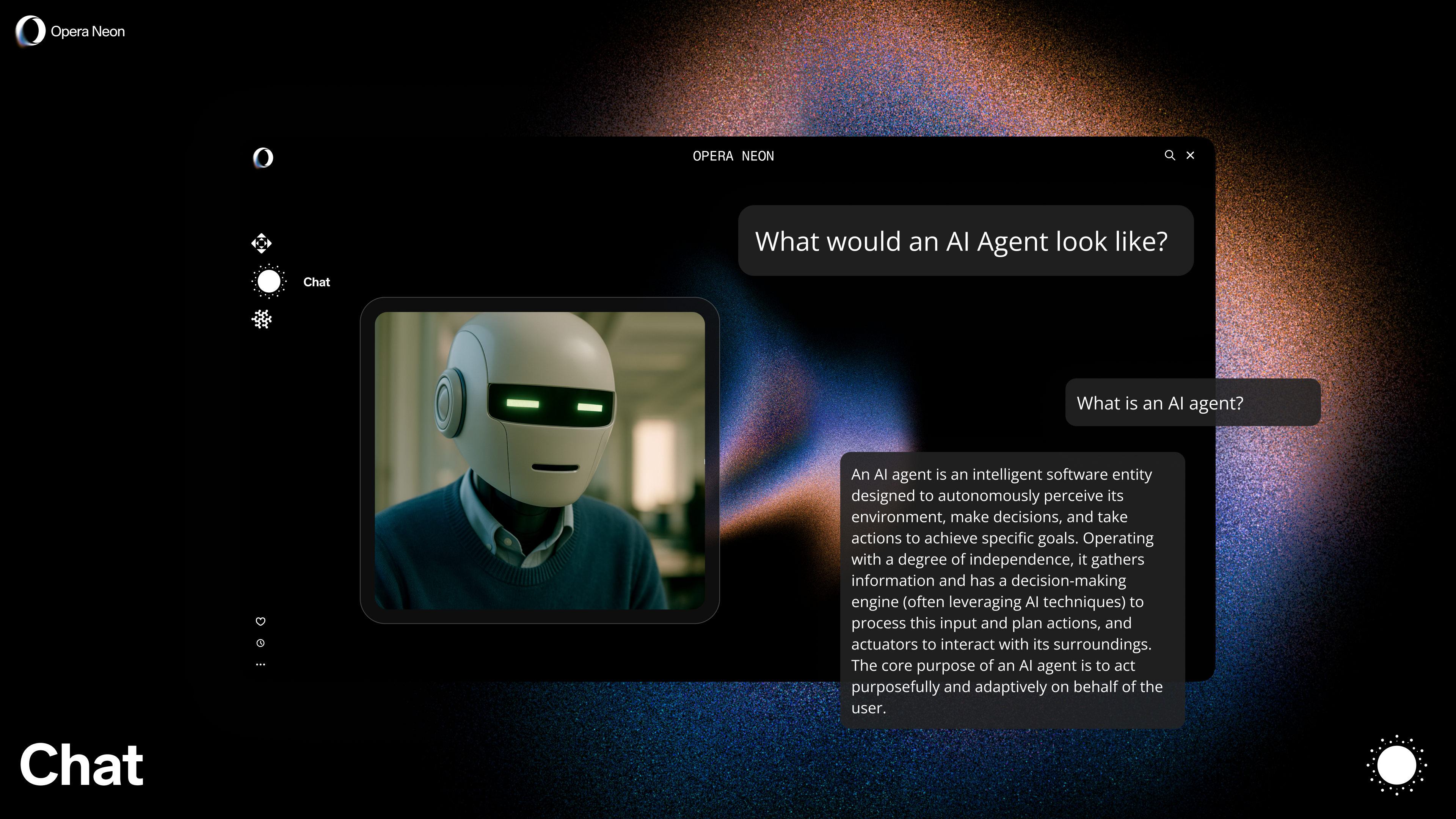 Using Opera Neon's Chat mode, and asking the agent what an AI agent would look like.