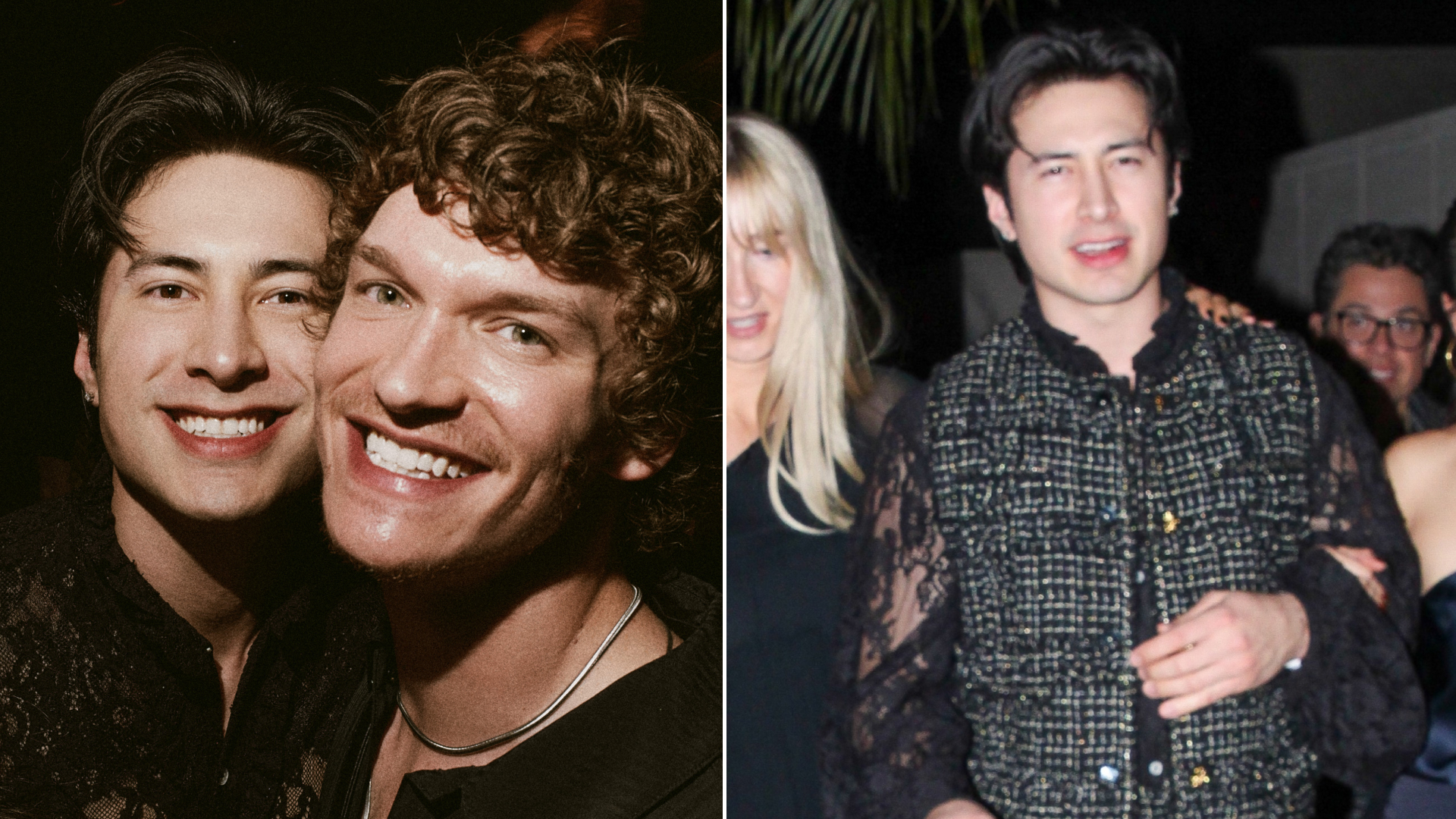 Hudson Williams wears a naked lace shirt and a tweed suit to reunite with Heated Rivalry co-star Connor Storrie at the CAA pre-Oscar party at Living Room on March 13, 2026 in Los Angeles, California