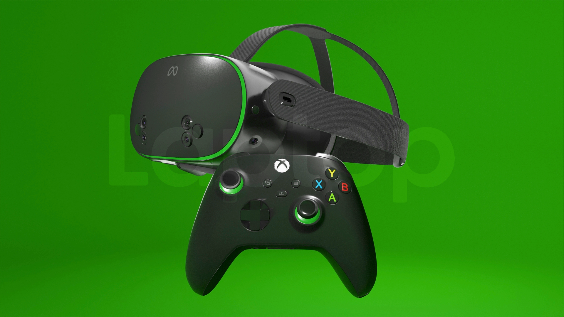 3D renders of the limited edition Xbox Meta Quest VR/AR headset based on leaks and rumors with an Xbox Wireless controller.