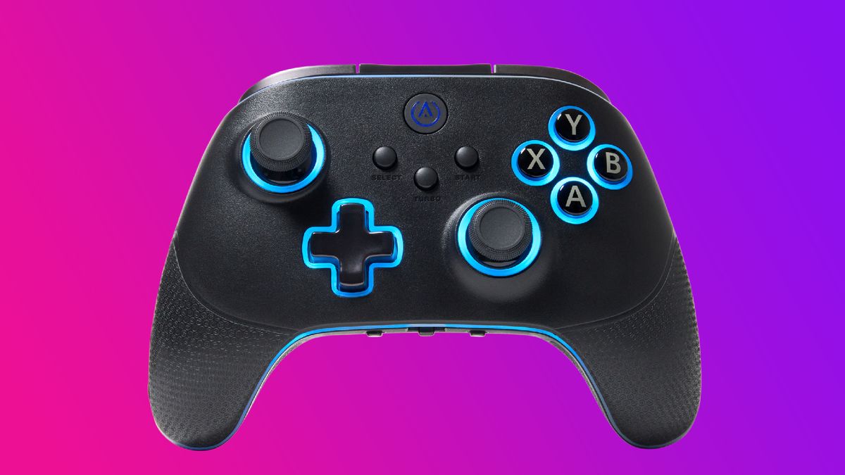 The PowerA OPS v3 Pro gaming controller on a pink/blue background