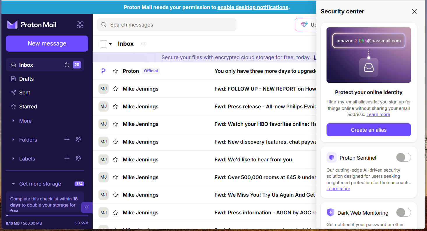 Proton email interface