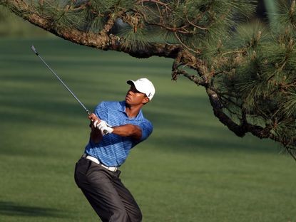 Tiger Woods working out how to play his second shot on the 17th hole from under The Eisenhower Tree during the third round of the 2011 Masters at Augusta National. Credit: Getty Images