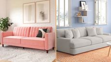 Wayfair couches, one pink in living room another grey in living room