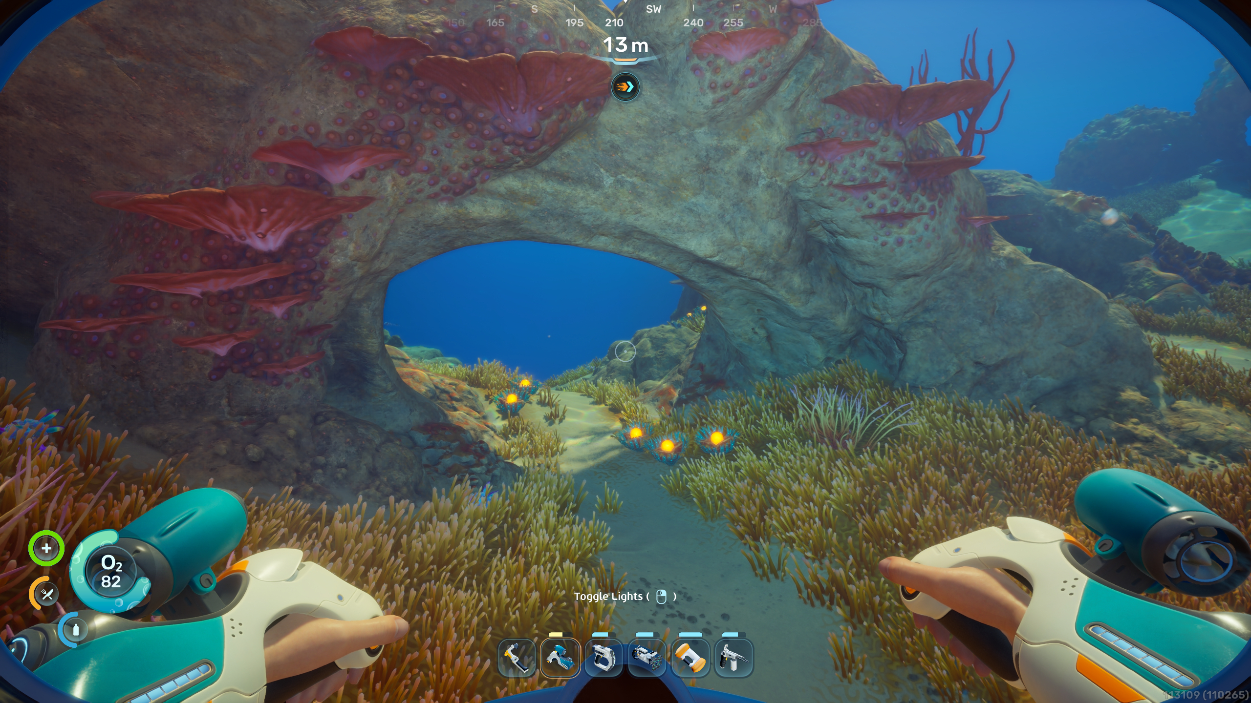 Subnautica 2 Lucifer Rotsac: A player swimming towards a patch of Lucifer Rotsac beneath an archway.