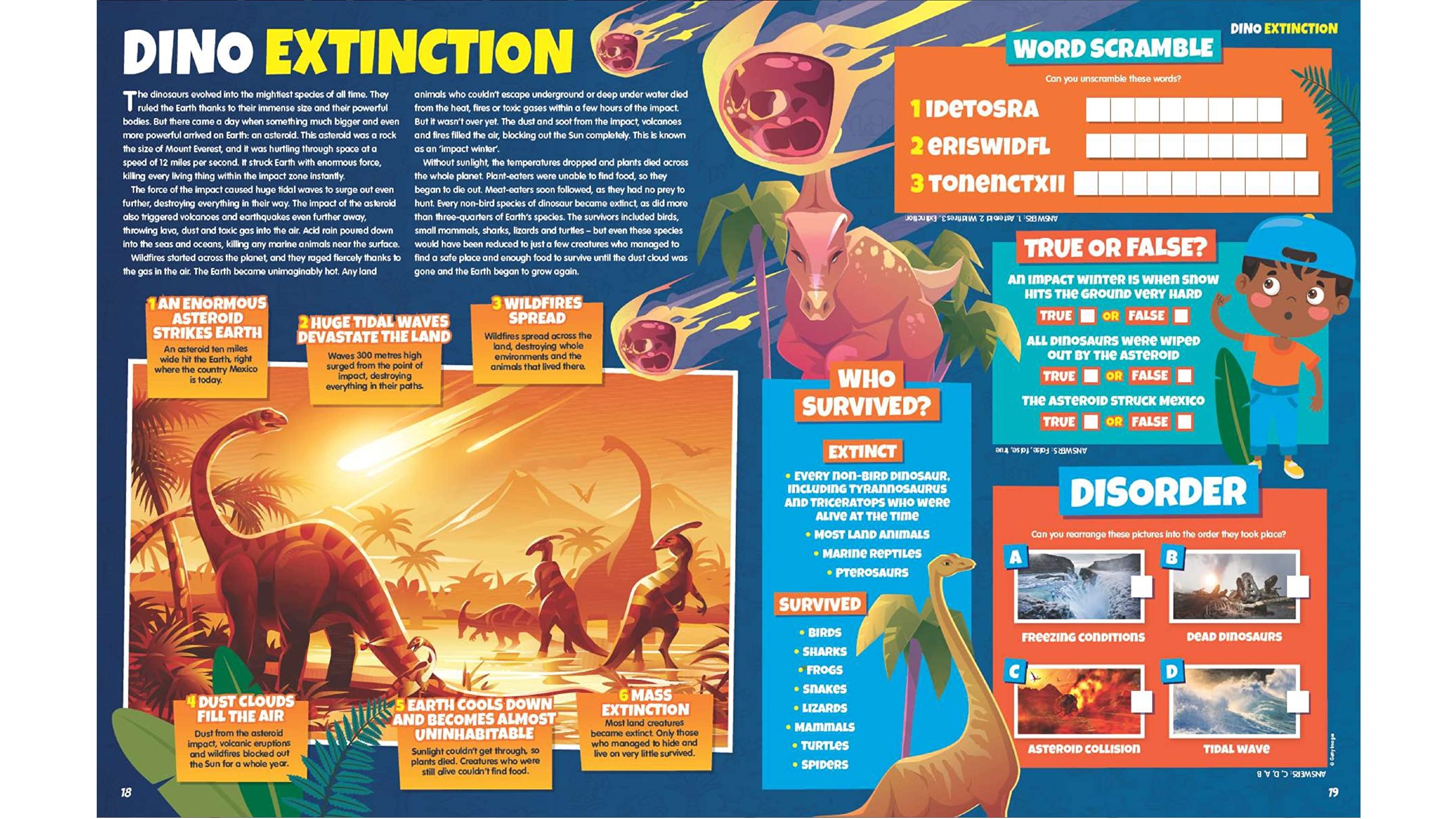 A spread within the Future Genius special edition which shows the different colourful dinosaurs, burning asteroids and puzzles