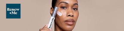 renew and me logo top left with a close up shot of a woman holding a beauty product to her face