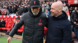Liverpool manager Jurgen Klopp and Manchester United manager Erik ten Hag embracing ahead of a match, 2023