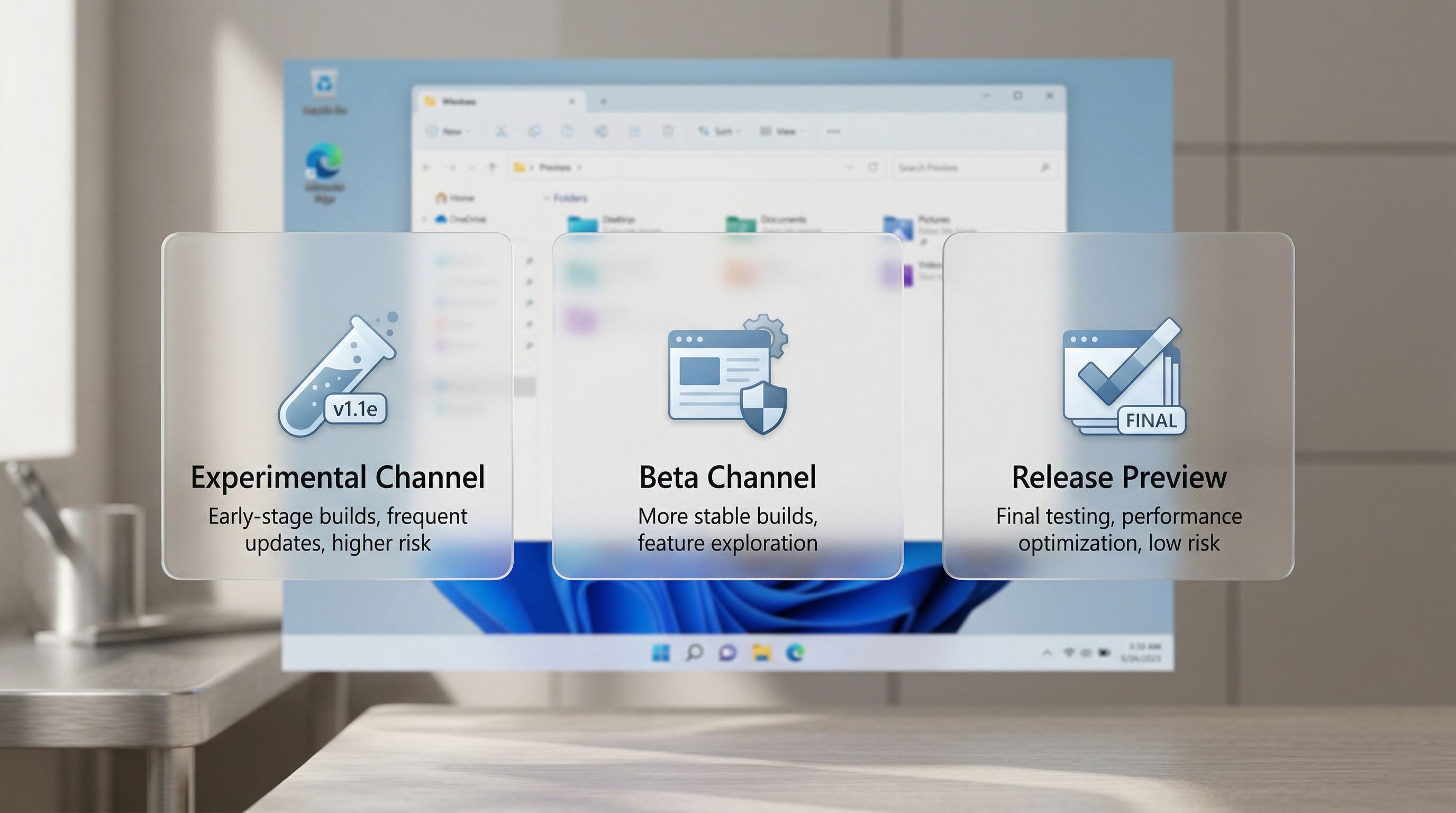 Realistic Windows‑style UI panels labeled Experimental, Beta, and Release Preview floating above a blurred Windows 11 desktop background.