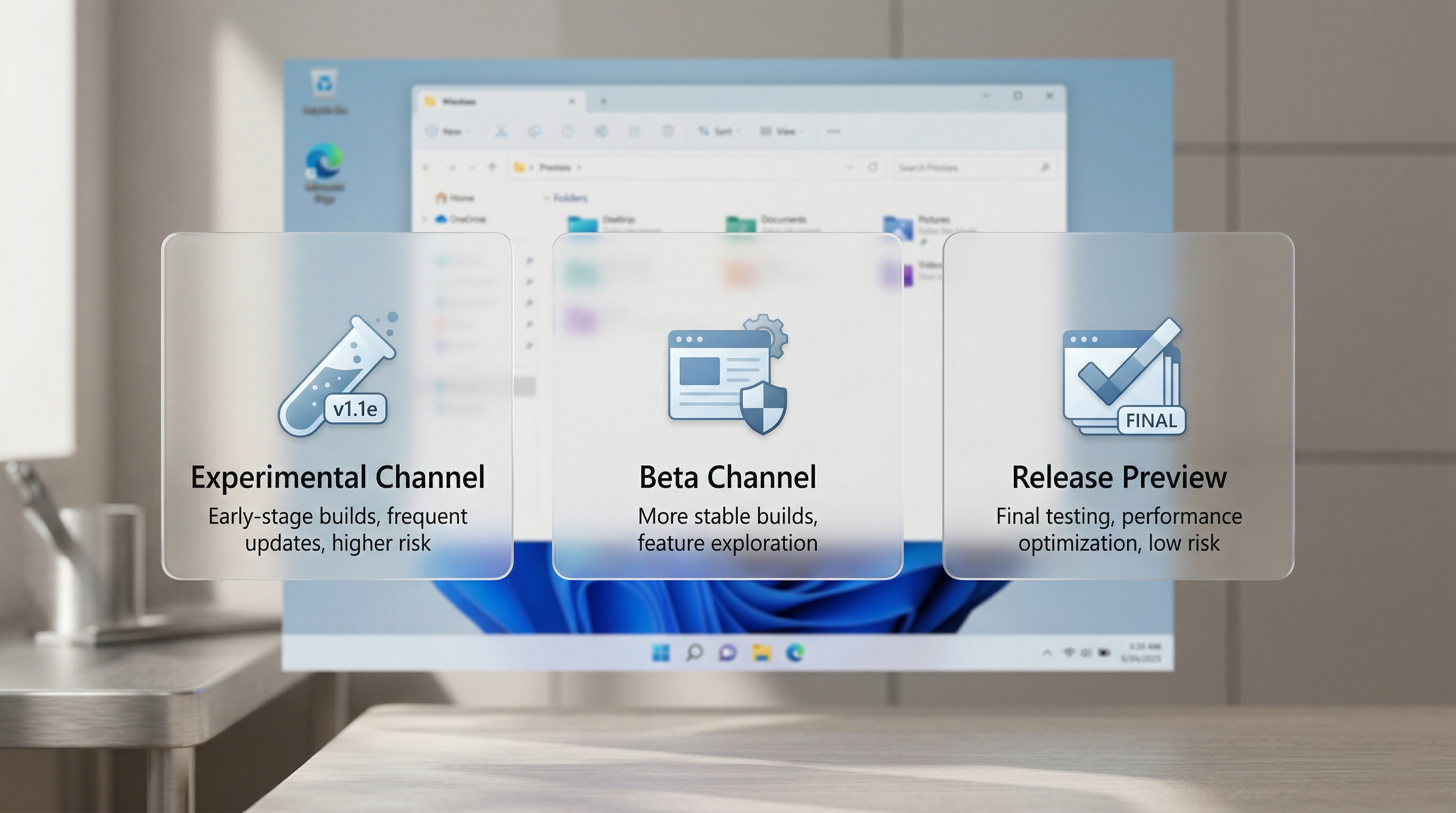 Realistic Windows‑style UI panels labeled Experimental, Beta, and Release Preview floating above a blurred Windows 11 desktop background.
