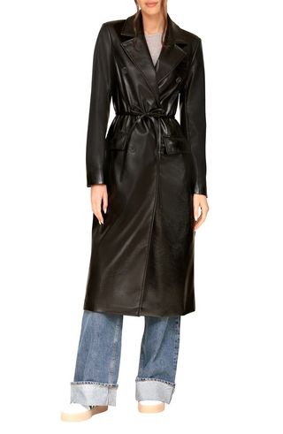 Faux Leather Belted Trench Coat