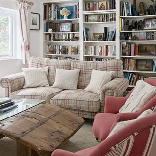living room with sofa and bookshelves