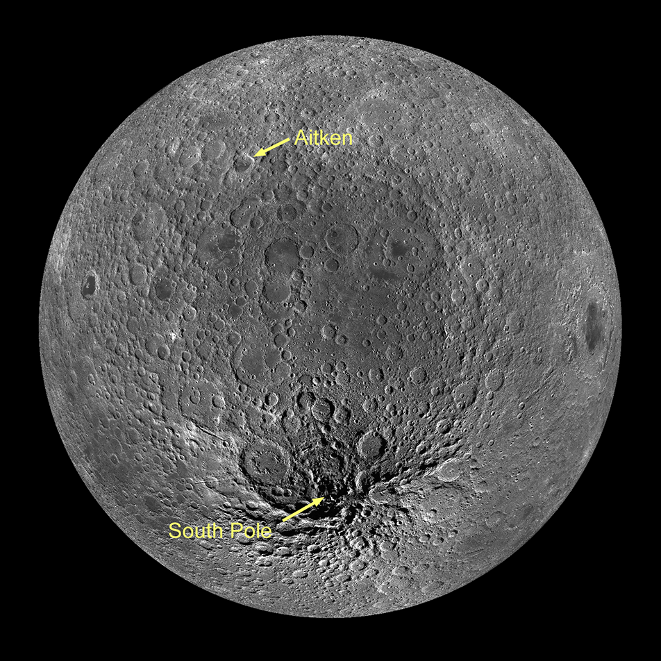 A close up of the Moon's south pole showing the location of Aitken basin north of it