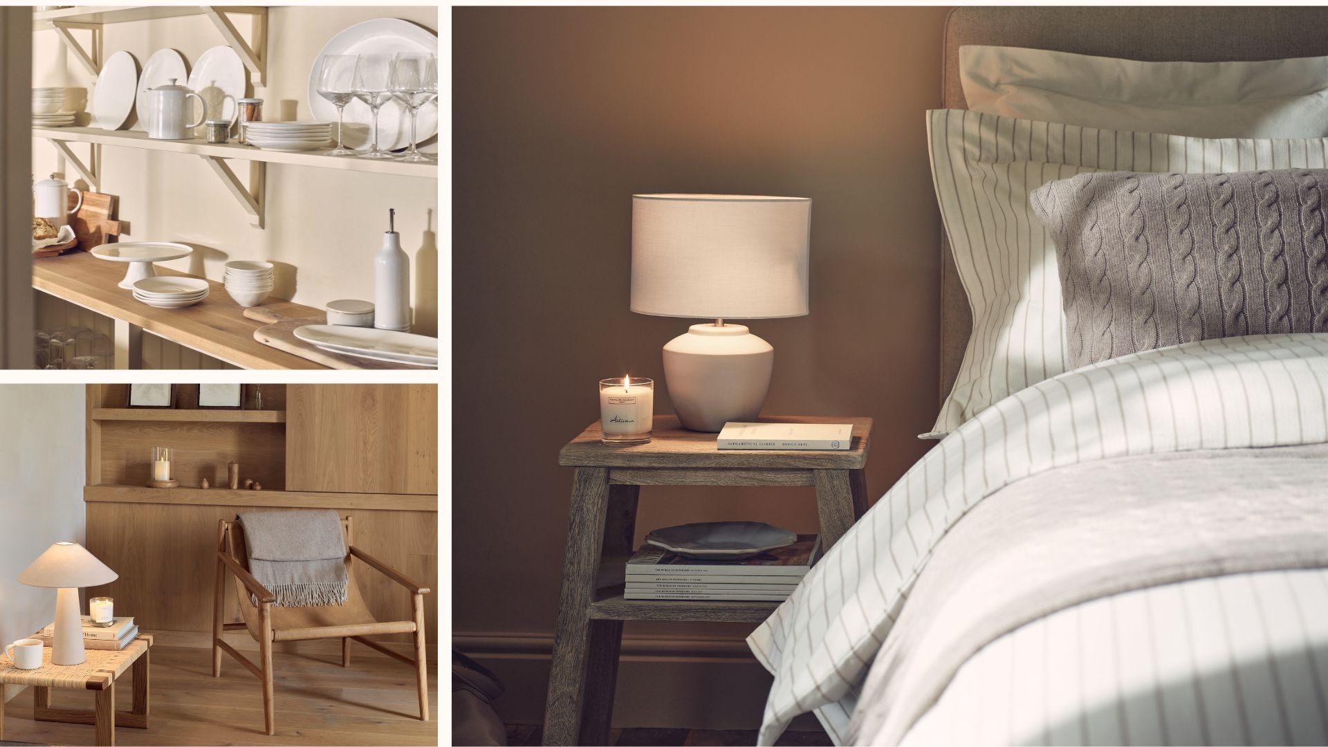 Compilation image from The White Company autumn 2026 collection of bedding, lamps and tableware