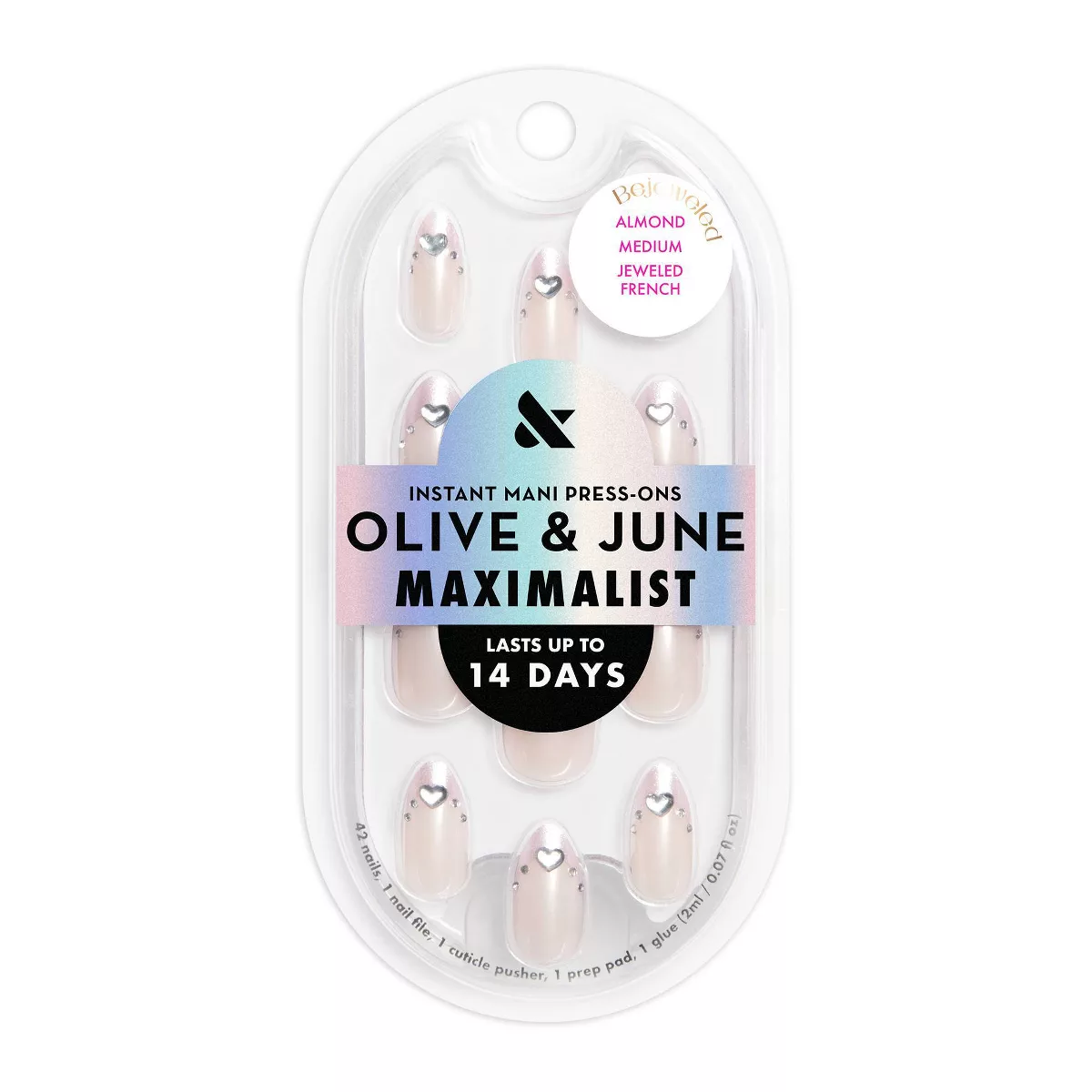 Olive U0026#38; June Press-On Fake Nails - Maximalist Jewelry - M Almond - Jeweled French - 42ct