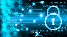 Balck and neon blue mockup of a padlock against a backdrop of data depicting cyber security