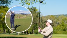 Two images showing a golfer holding their finish on a tee shot