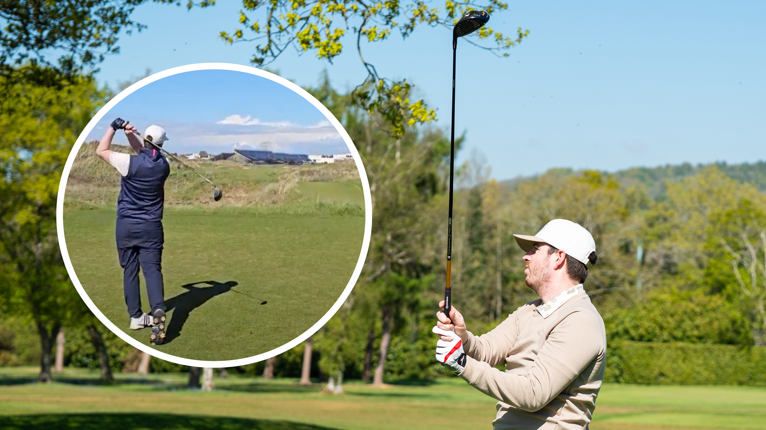 Two images showing a golfer holding their finish on a tee shot