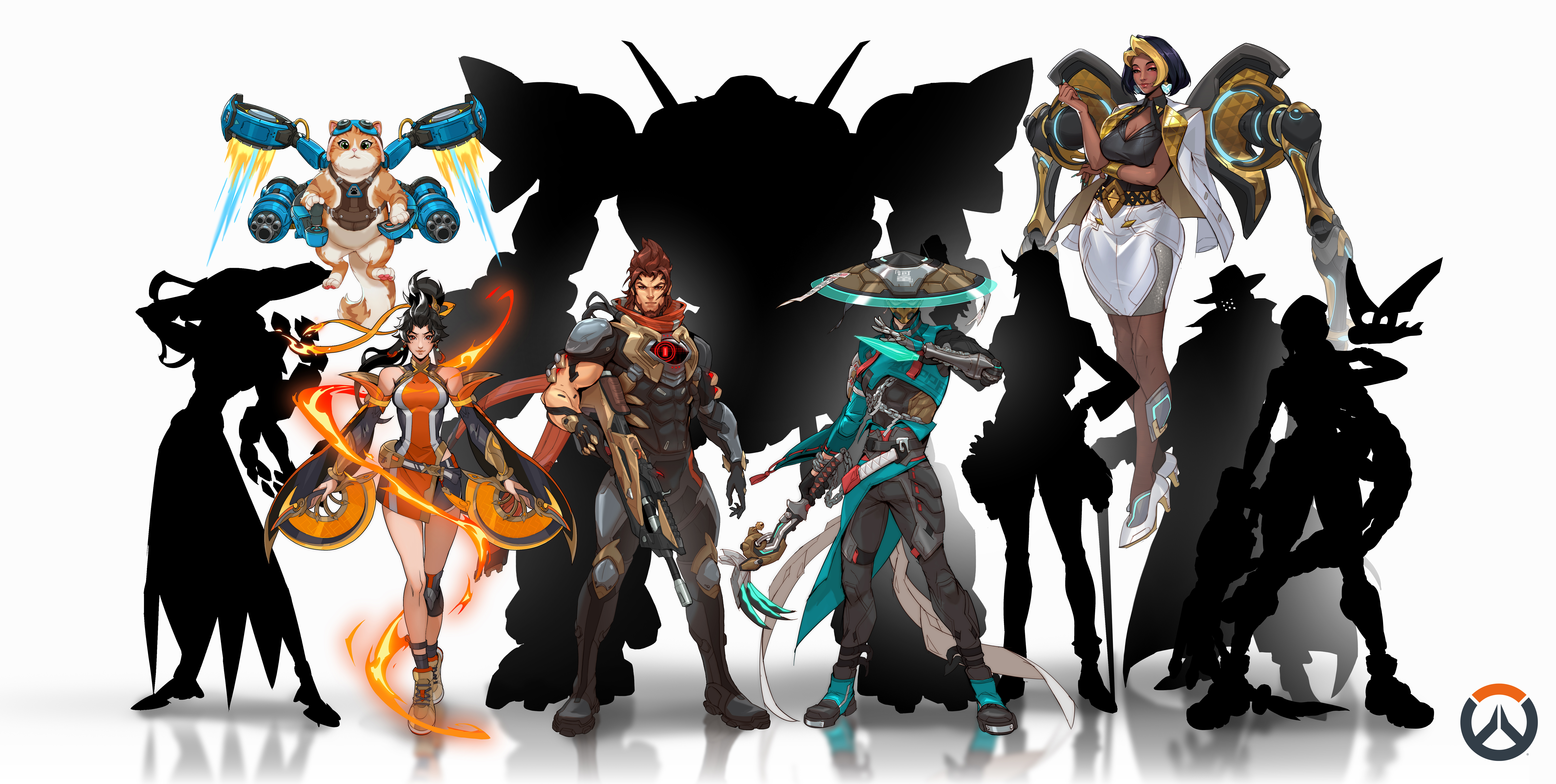 Concept art of upcoming Overwatch heroes. From left to right: A silhouette of a slender robotic hero, a flying cat with a jetpack, a young lady with fire swirling around her, a silhouette of a massive bipedal mech, a young man with a giant green hat, a silhouette of a slender character with horns, a woman with arms attached to her back, a silhouette of a robot in a trench coat and a hat, a silhouette of a girl with a long braid and a flying bug-like creature above her hand.