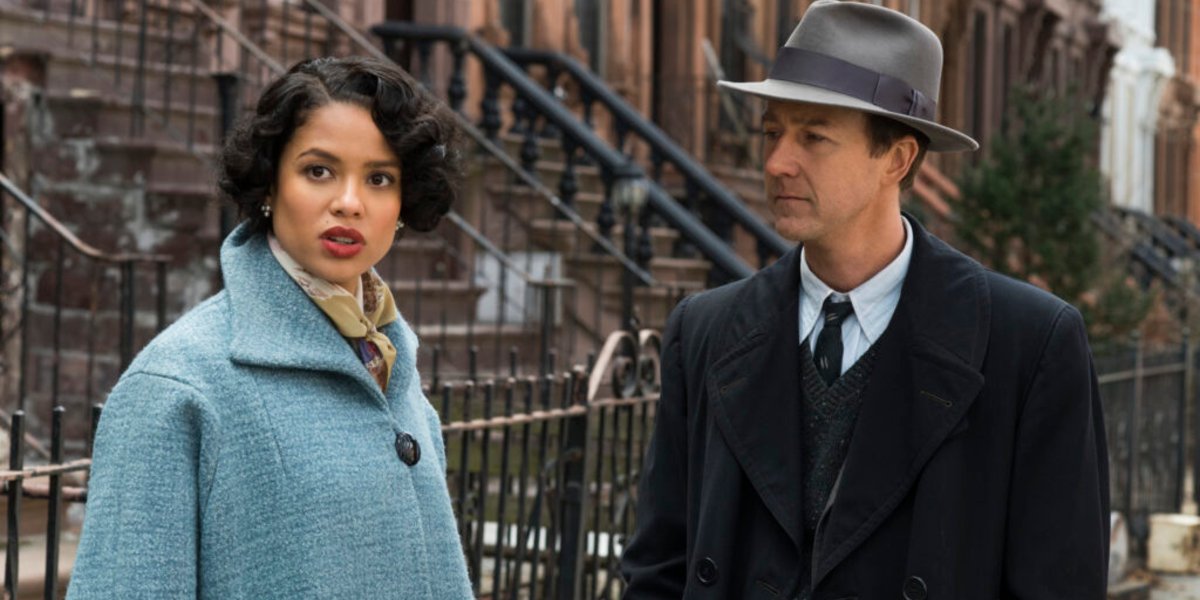 Motherless Brooklyn Laura and Lionel standing on the street, talking