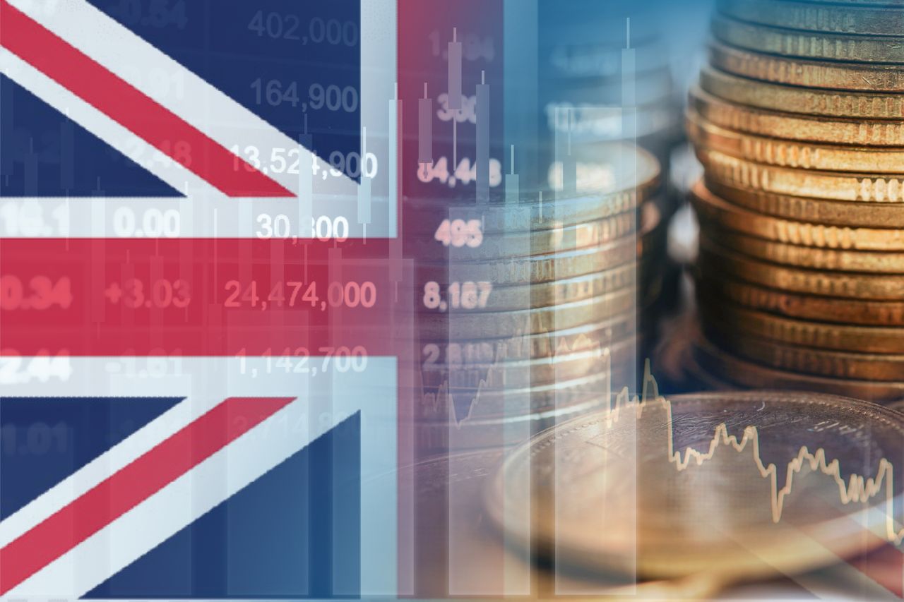 UK flag with stock market finance, economy trend graph digital technology