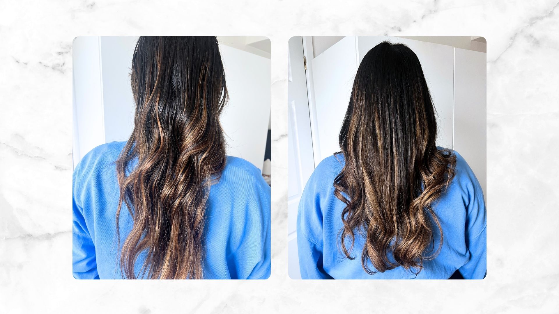 Aleesha before and after using Color Wow Dreaming Hair Treatment