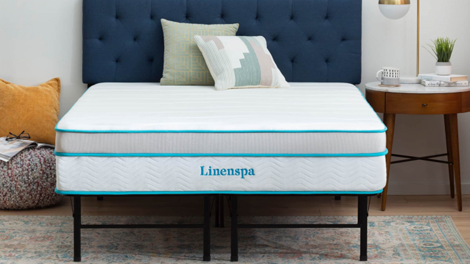 Linenspa 12-inch Memory Foam and Innerspring Hybrid Mattress on a metal bed frame