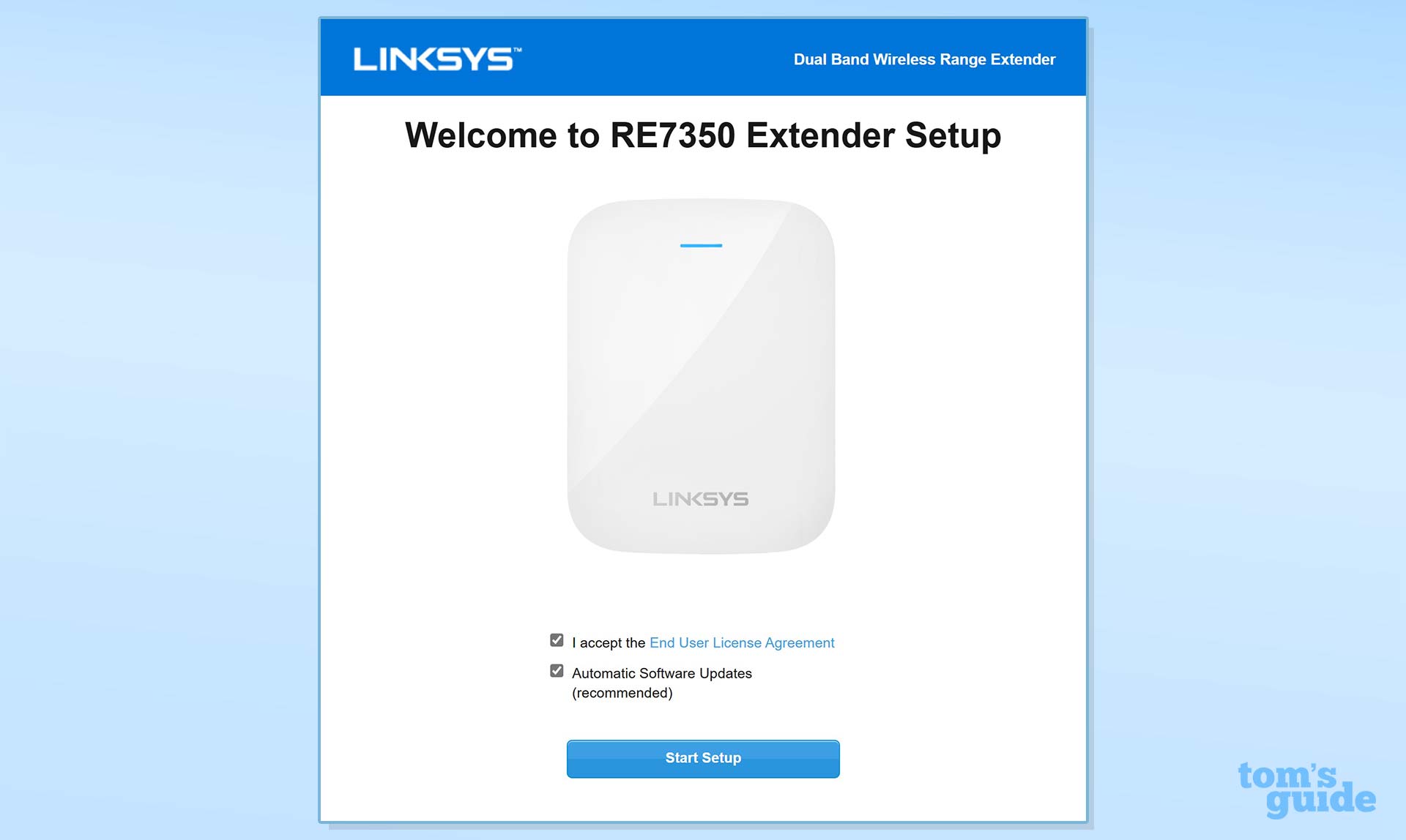 A setup menu screenshot for the Linksys RE7350.