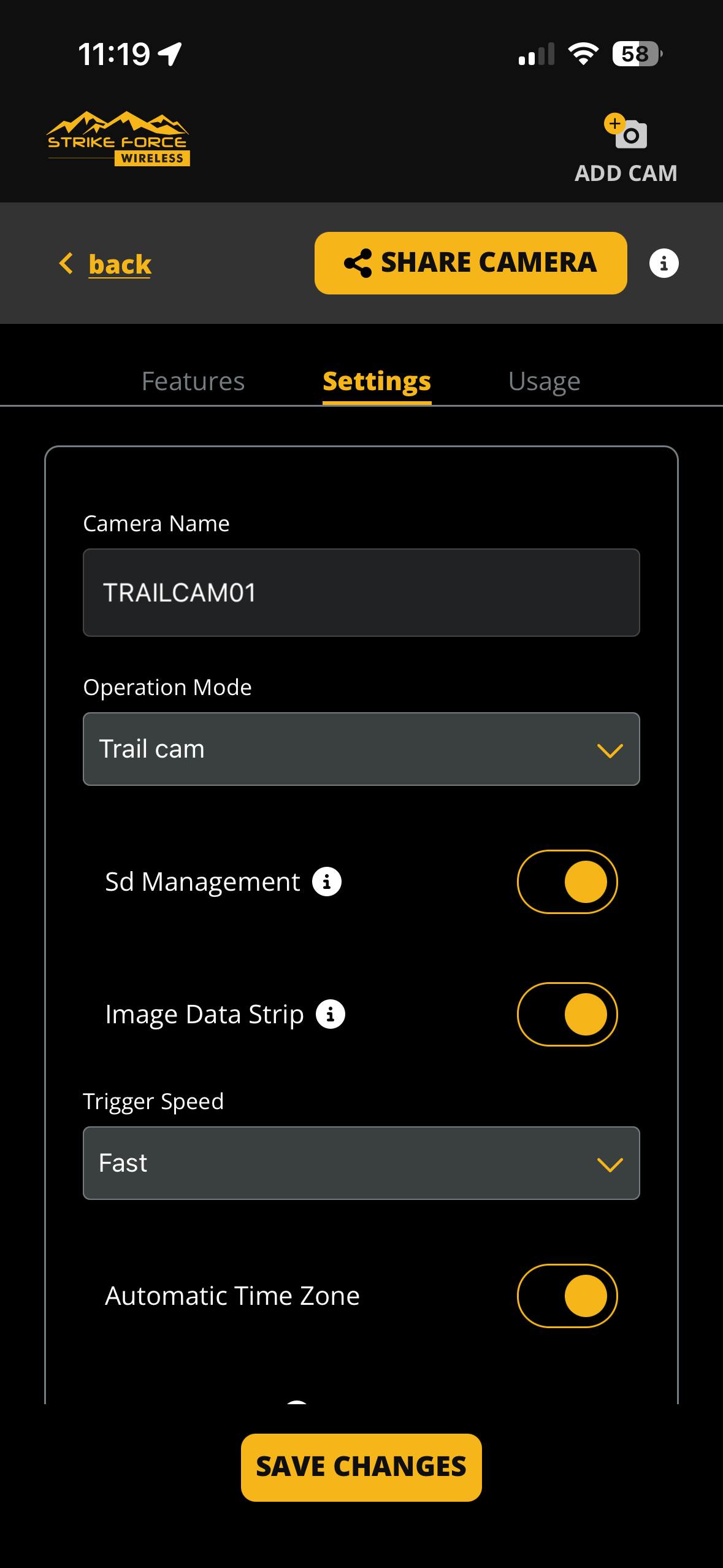 Screenshots from the Browning Wireless App