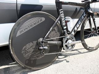 The rear wheel is covered with a big Bontrager decal but underneath is a Lightweight disc